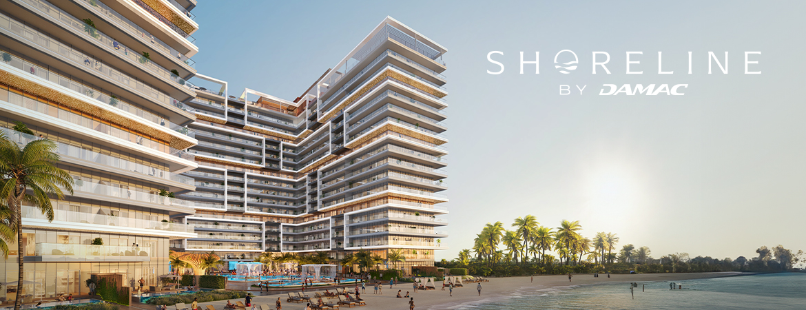 Shoreline residences by DAMAC on Al Marjah Island, with beachfront views, modern balconies, a pool deck, and palm trees along the sandy beach