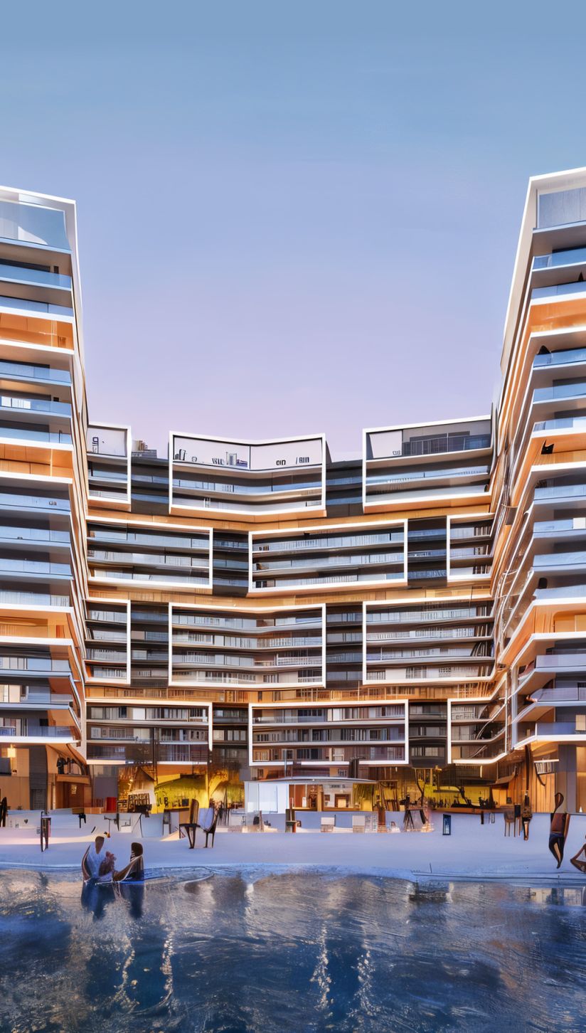 Modern waterfront apartments at Shoreline on Al Marjan Island with illuminated balconies and reflections on the water