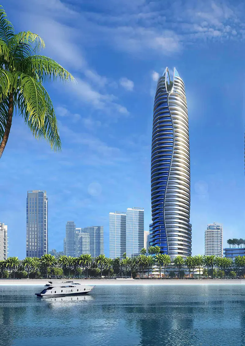 Luxury tower Altitude de GRISOGONO by Dubai Canal with sleek architecture, palm trees, and a yacht in the water
