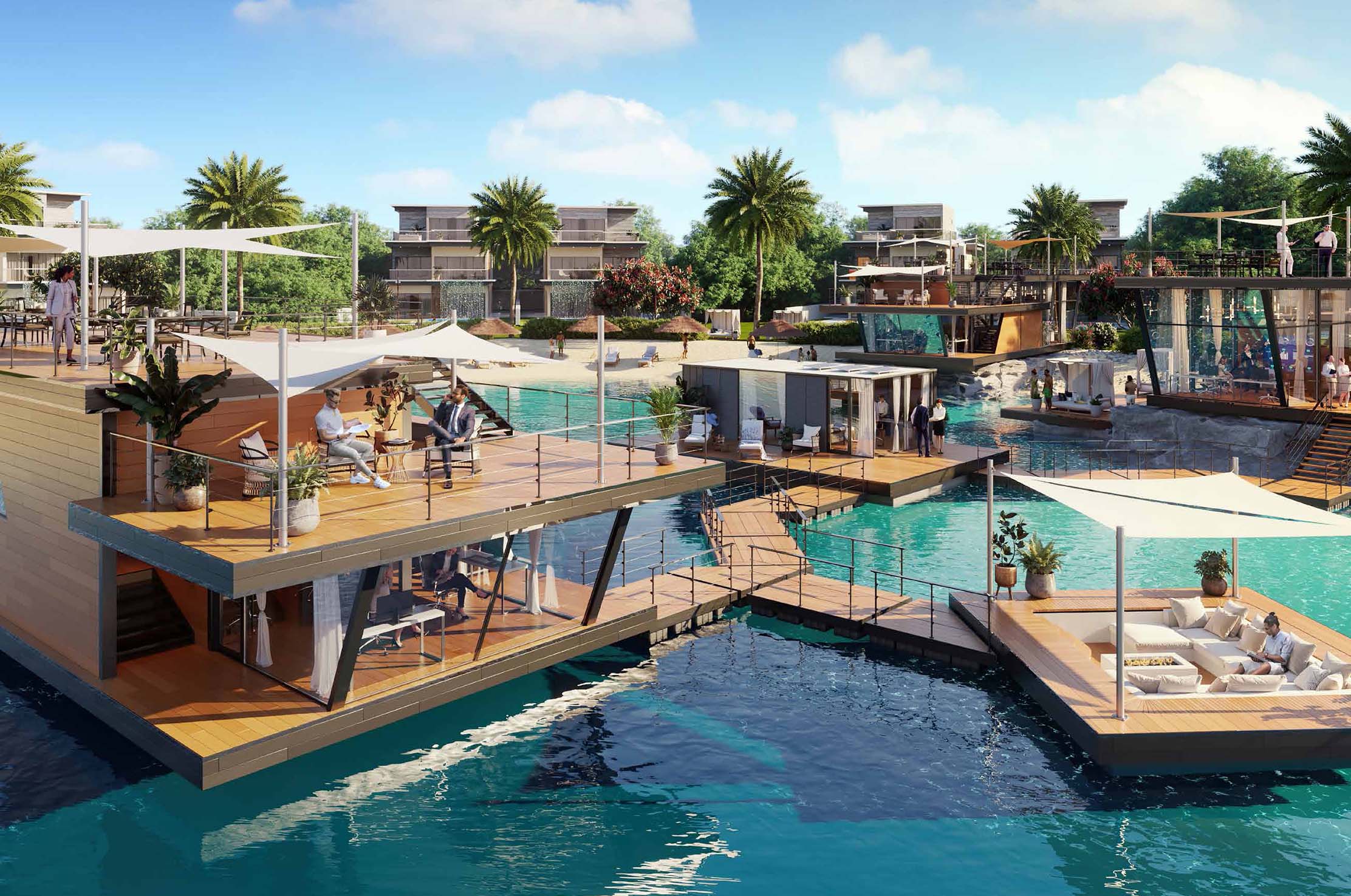 Floating lounge area and modern villas at Ibiza on DAMAC Lagoons with turquoise waters, palm trees, and outdoor seating spaces