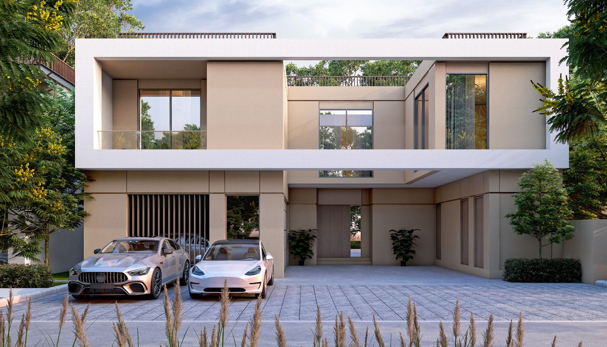 Modern villa at Sobha Elwood in Dubailand with sleek architecture, large windows, and luxury cars parked in the driveway
