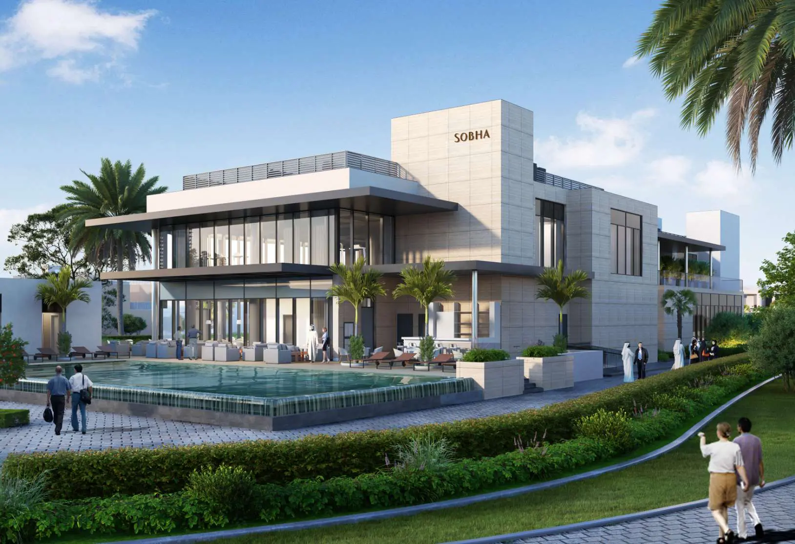 Modern clubhouse at Sobha, featuring a sleek design, outdoor seating, an infinity pool, lush landscaping, and people enjoying the space