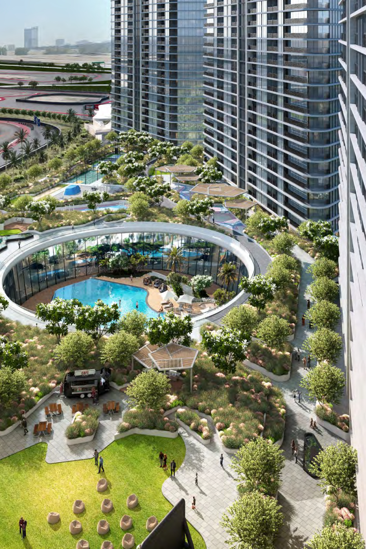Sobha Solis at Motor City, featuring lush landscaped gardens, a circular swimming pool, and modern high-rise buildings