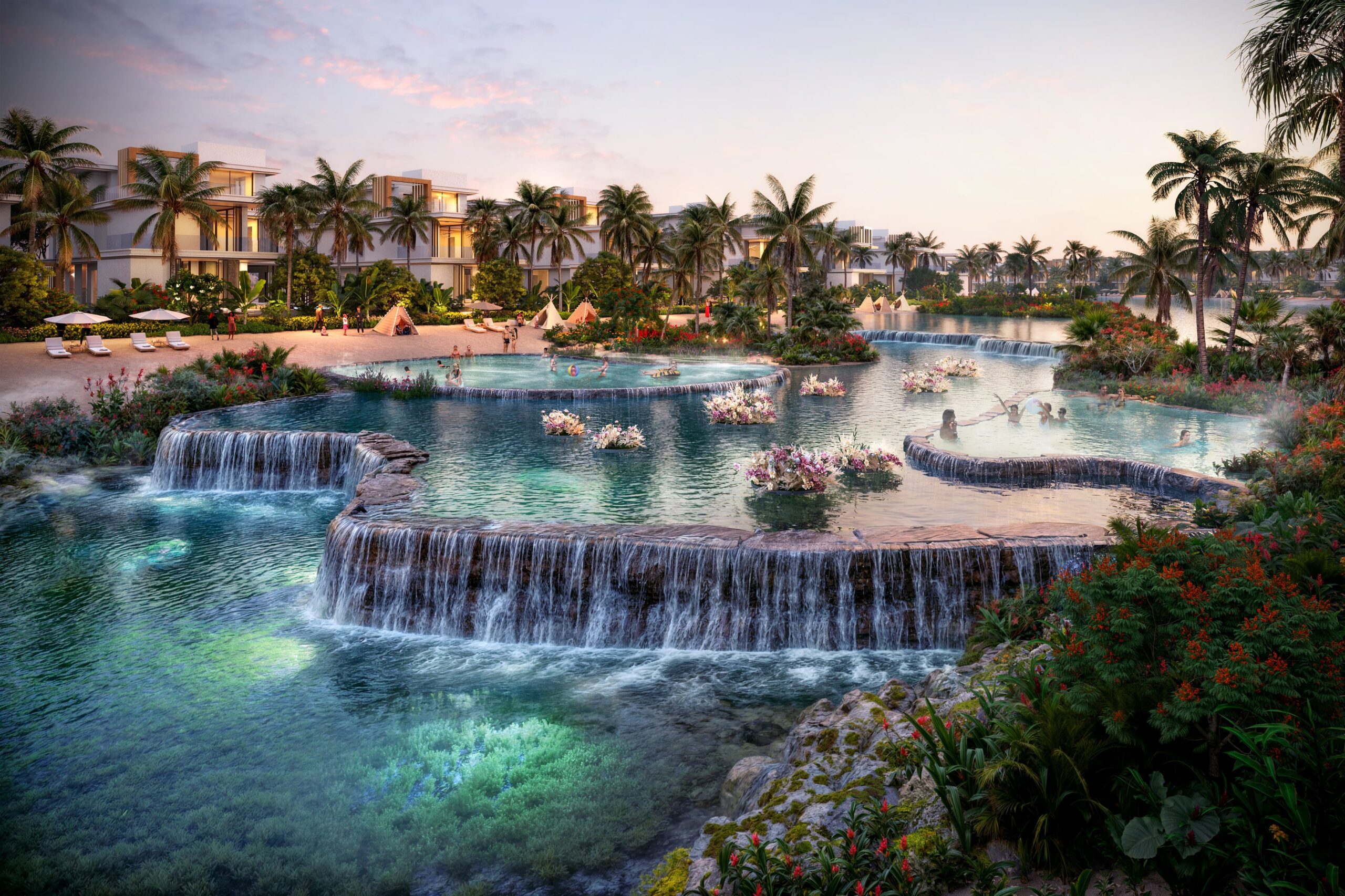 Ground-level view of DAMAC Islands at Dubailand, featuring cascading water pools, tropical greenery, beachfront villas, and people enjoying the serene setting