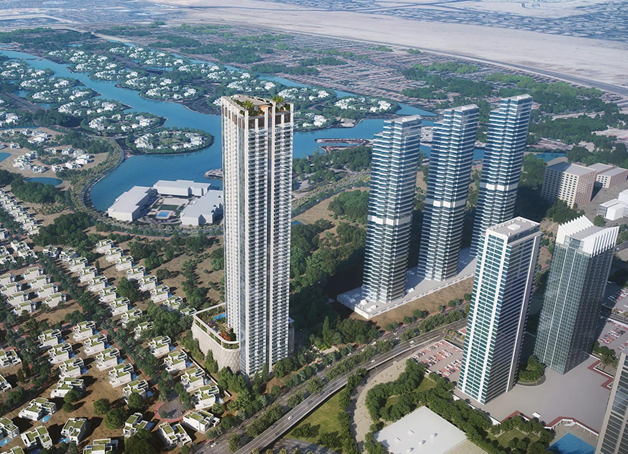 Aerial view of Verde by Sobha at Jumeirah Lake Towers, showing a tall residential tower surrounded by high-rise buildings and waterways