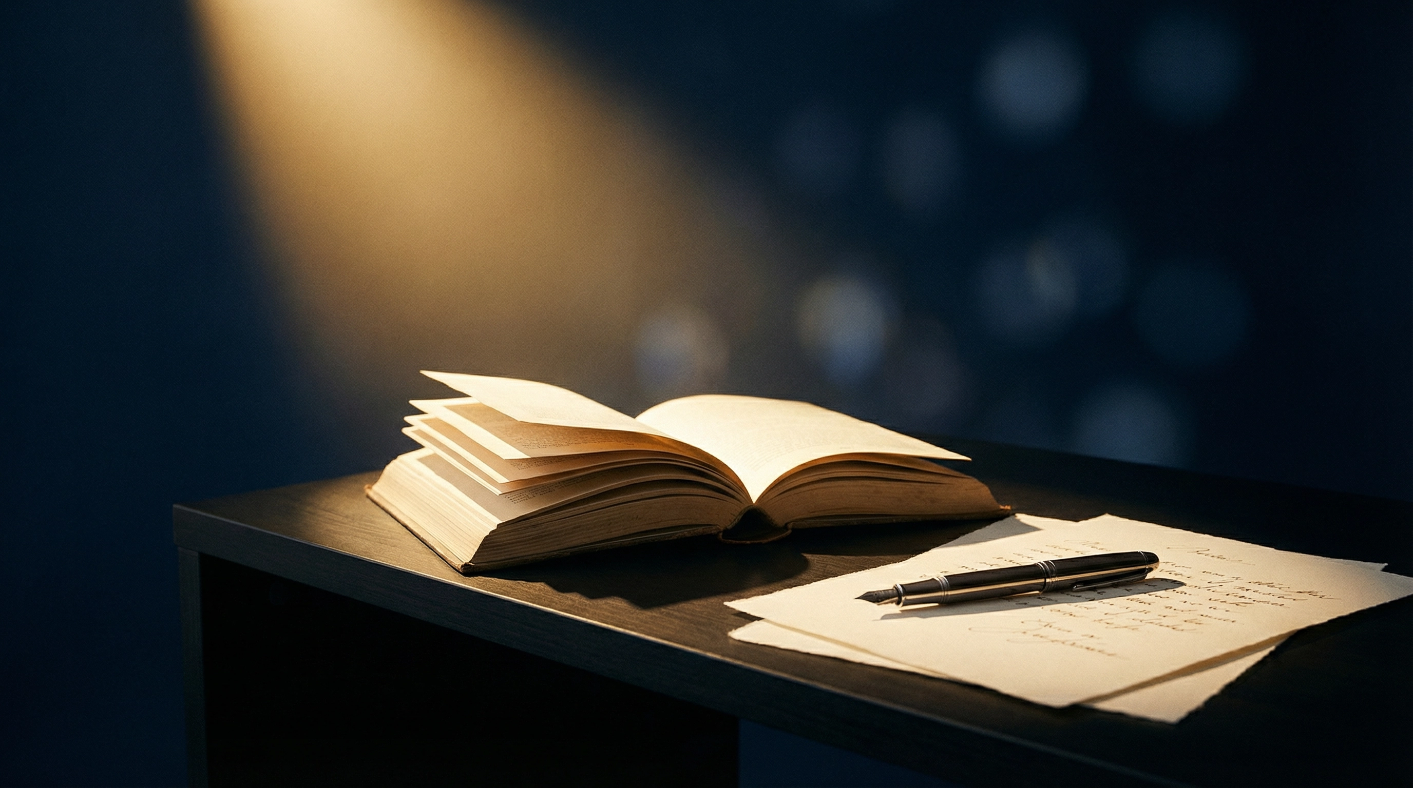 An open book under warm spotlight on a dark desk — symbolising the craft of brand storytelling