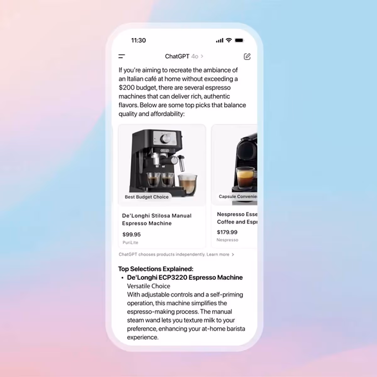 ChatGPT shopping feature recommending budget espresso machines with product details and images in a mobile interface
