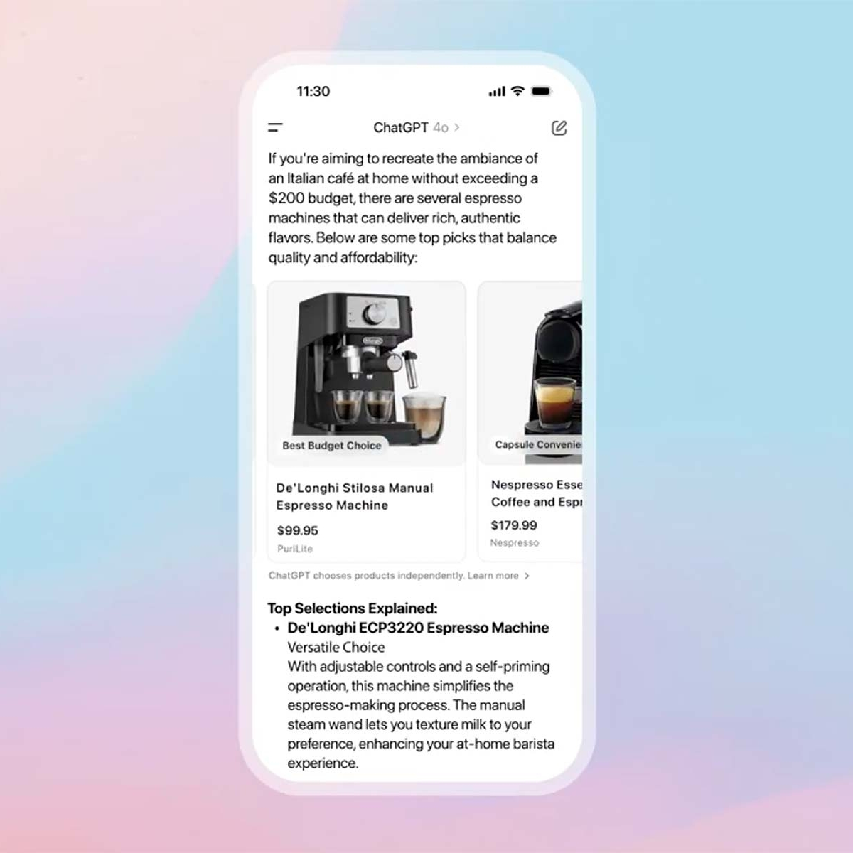 ChatGPT shopping feature recommending budget espresso machines with product details and images in a mobile interface