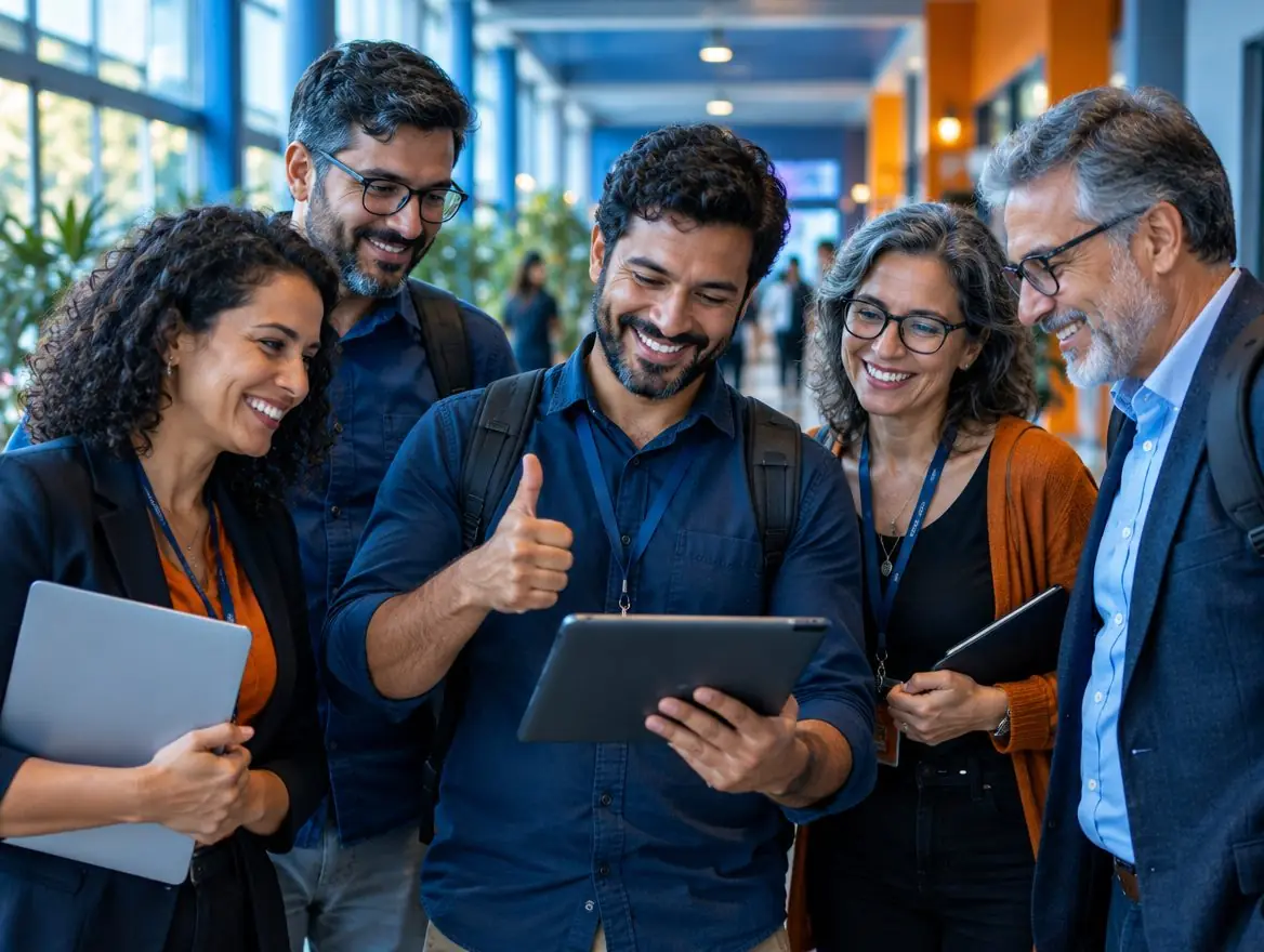 Equipe de TI de uma universidade comemorando diante de um tablet