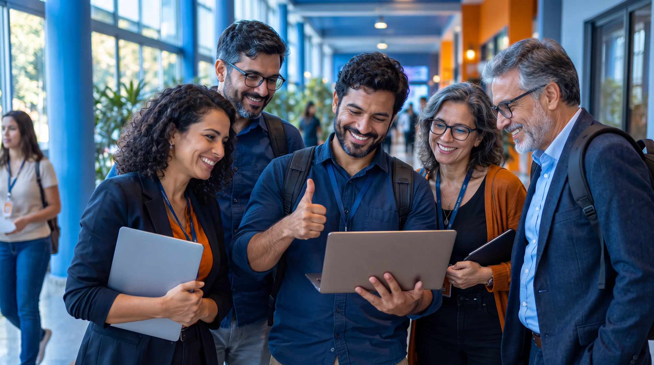 Equipe de TI de uma universidade comemorando diante de um tablet