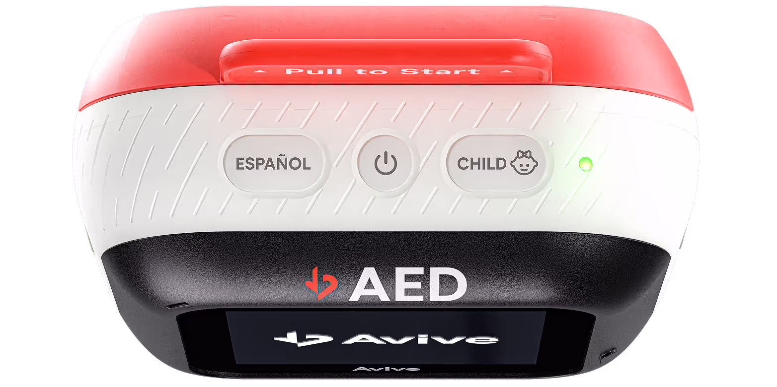 Avive AED showing the Espoanol, power button, child mode and the on light at the top of the device.