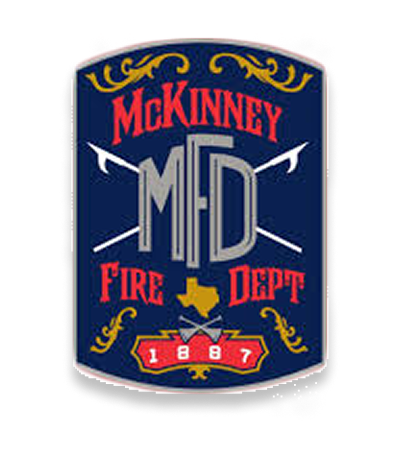 Shield-shaped emblem for McKinney Fire Department with crossed axes, Texas state outline, and year 1887.
