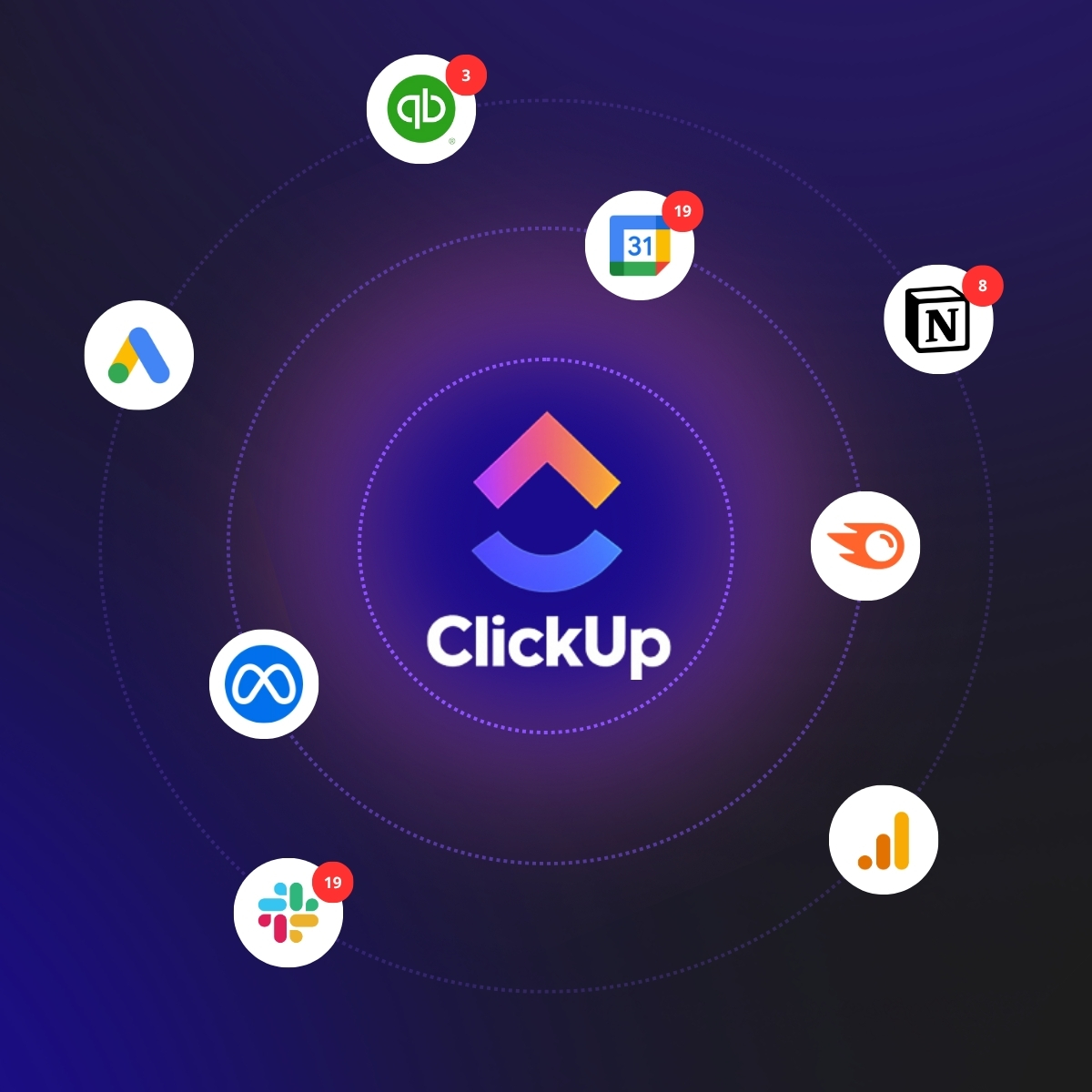 A picture of ClickUp being connected with a bunch of tools.