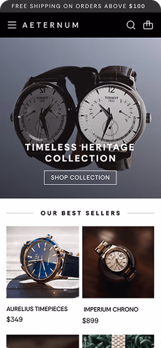 Luxurious watch advertisement featuring two classic timepieces, labeled "Timeless Heritage Collection."