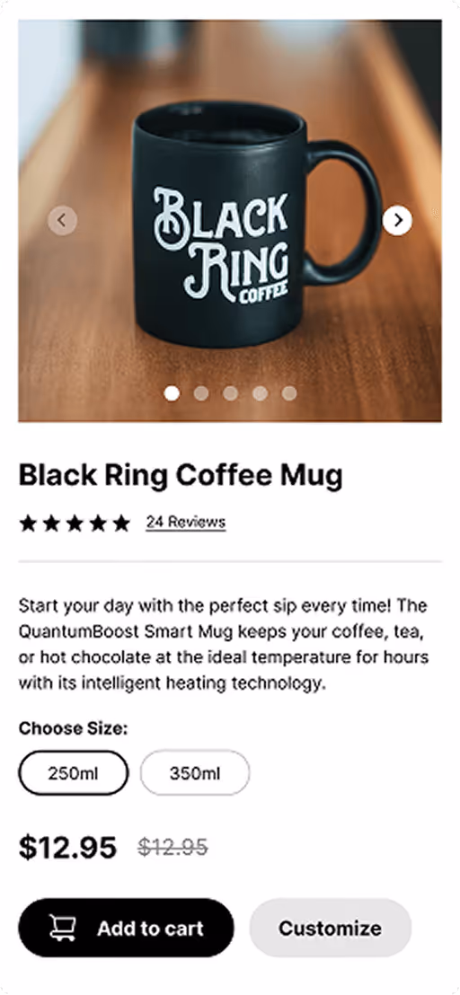 Product page shows five-star rating, $12.95 price, and size options of 250ml and 350ml."