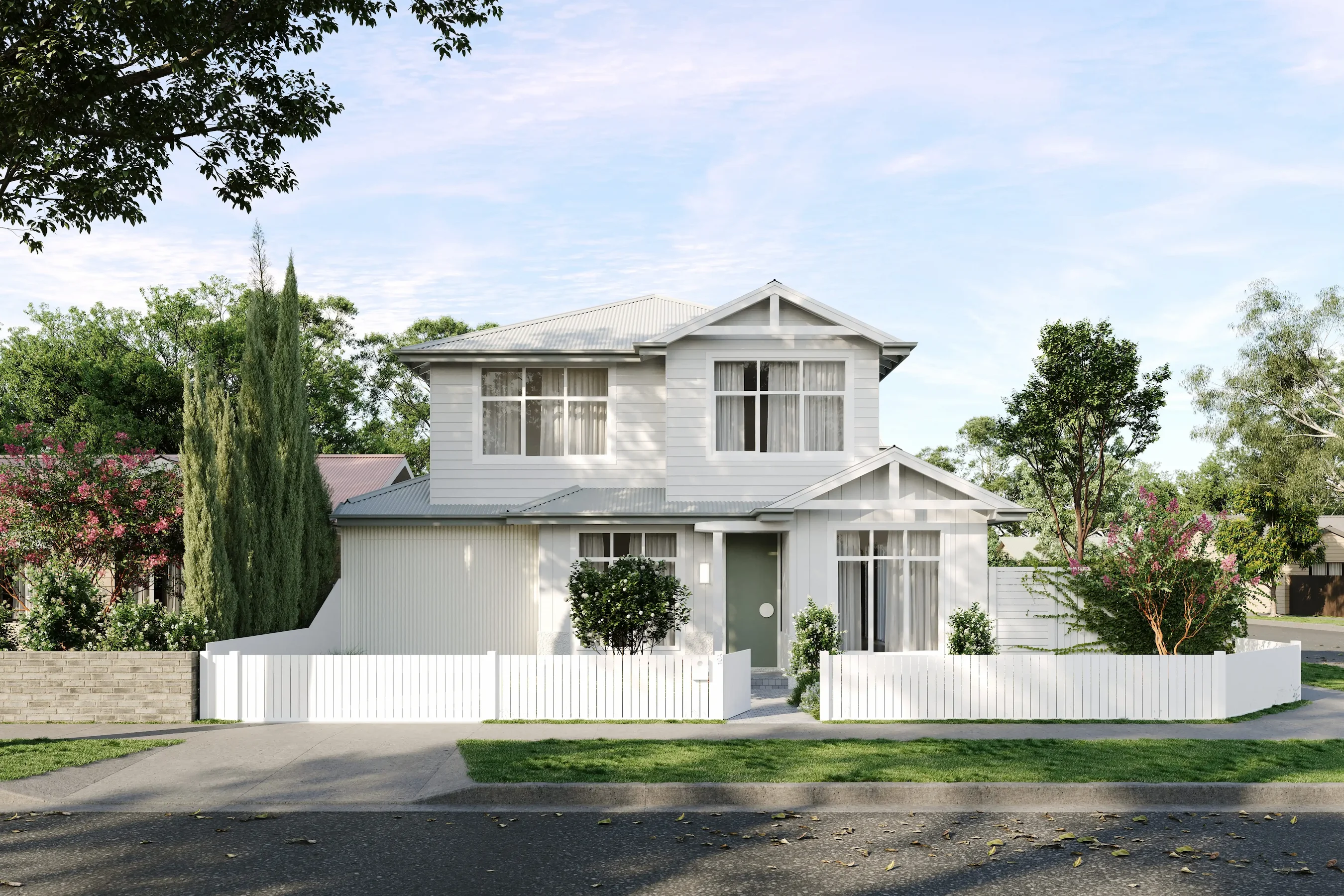 Two-storey weatherboard custom home on corner block