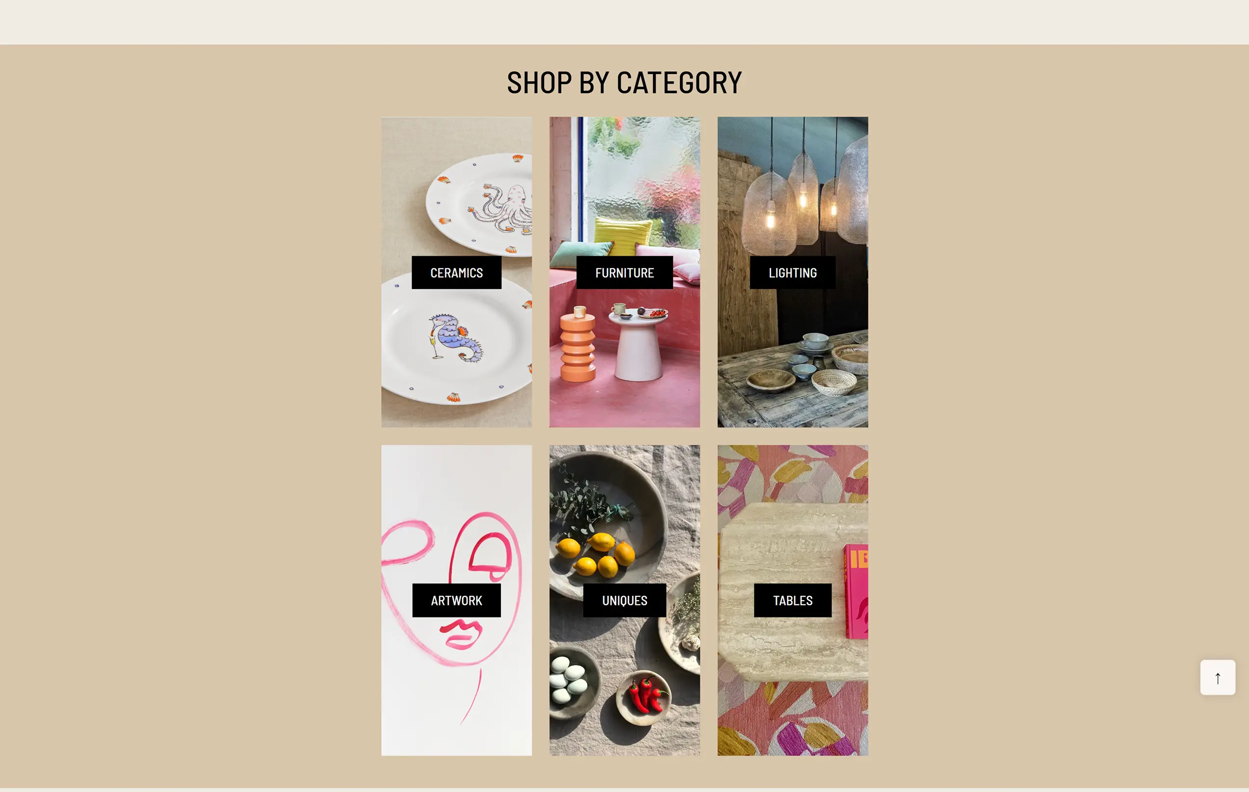 Shop by category grid with ceramics, furniture, lighting, artwork, uniques and tables