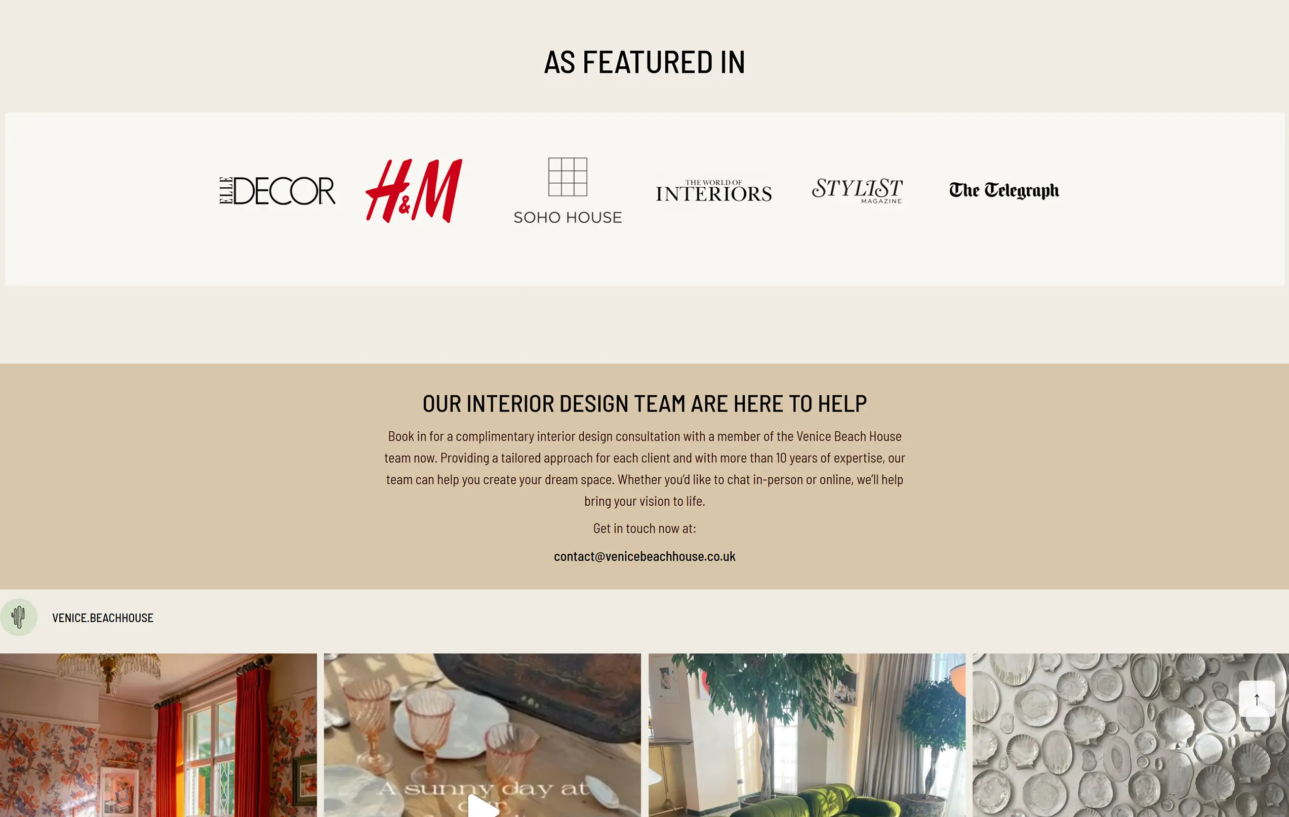 homepage section: as featured in banner with logos from elle, h&m and soho house as well as a interior design services banner