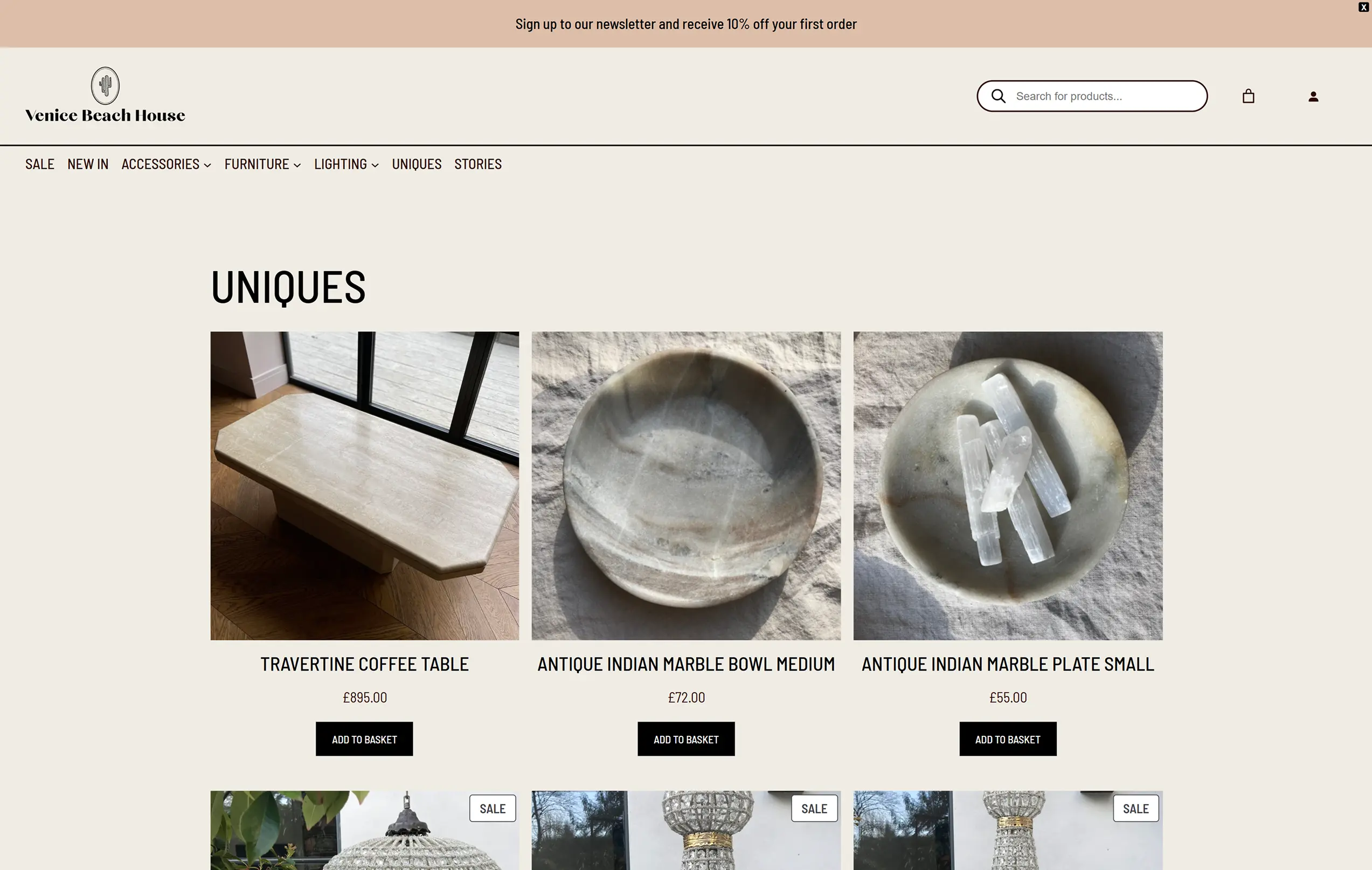 A shop listing page with a clear grid of images, text descriptions and CTAs