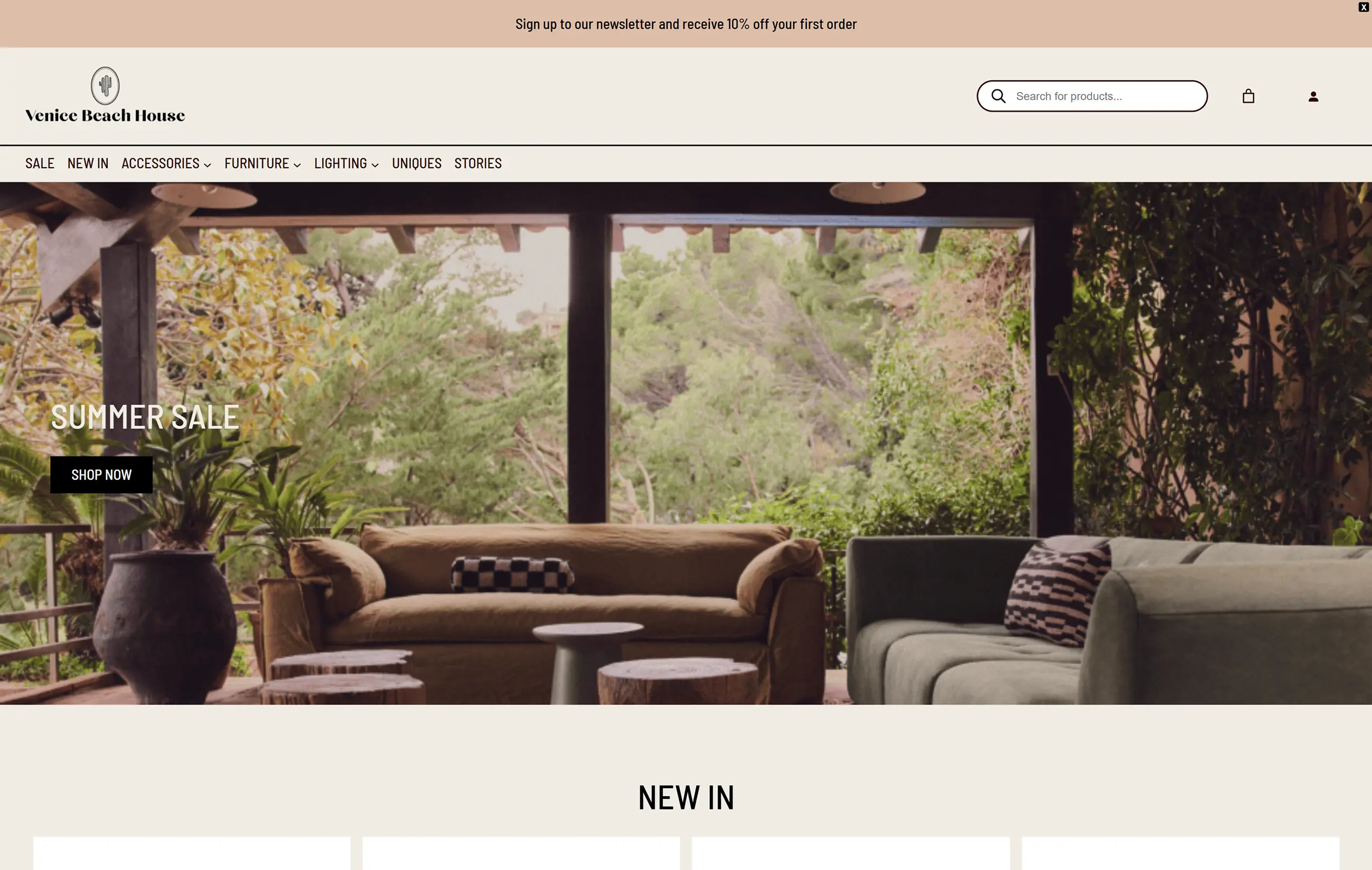 Homepage with a summer sale banner