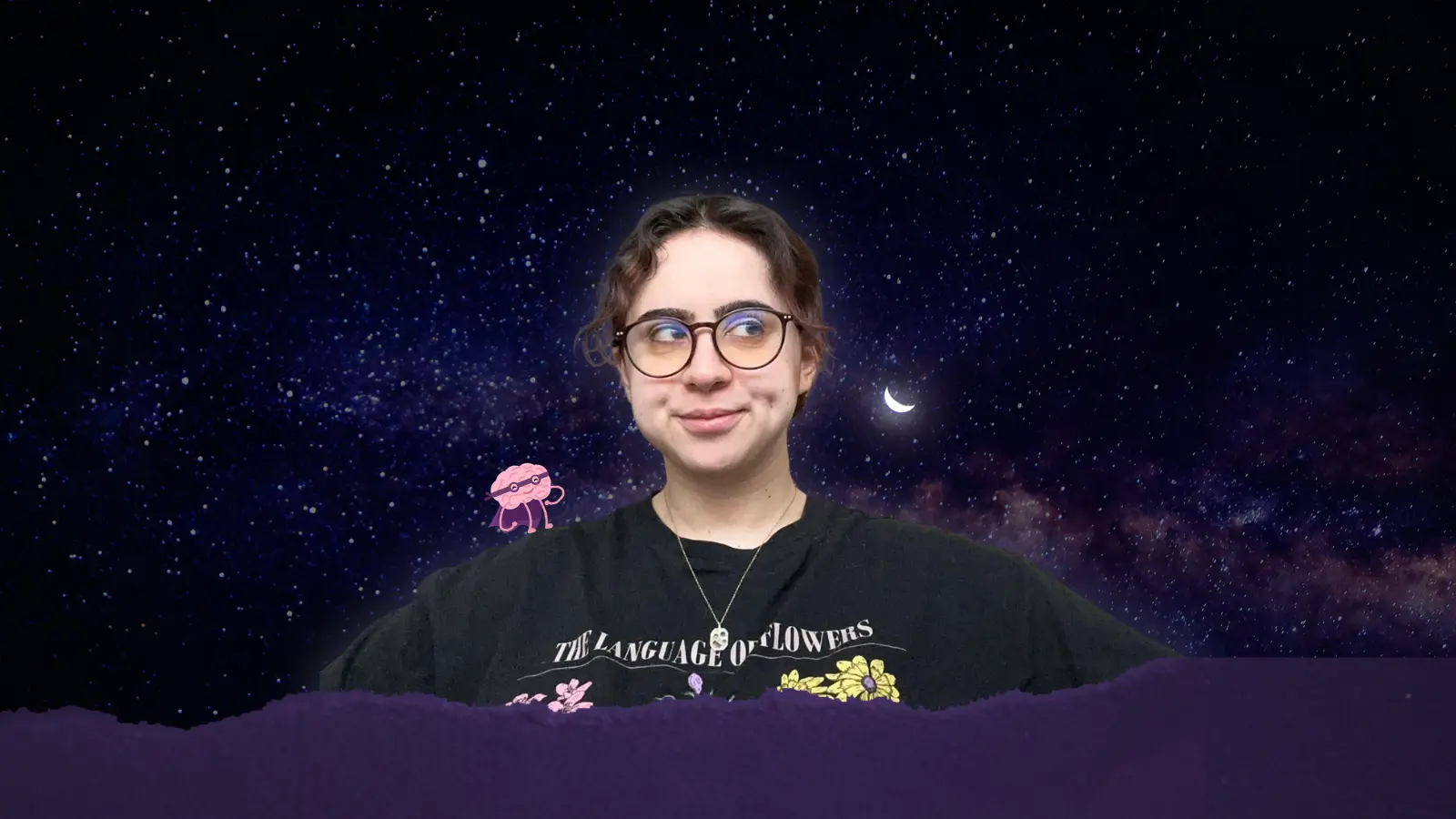 I am a woman with dark brown curly hair and glasses.