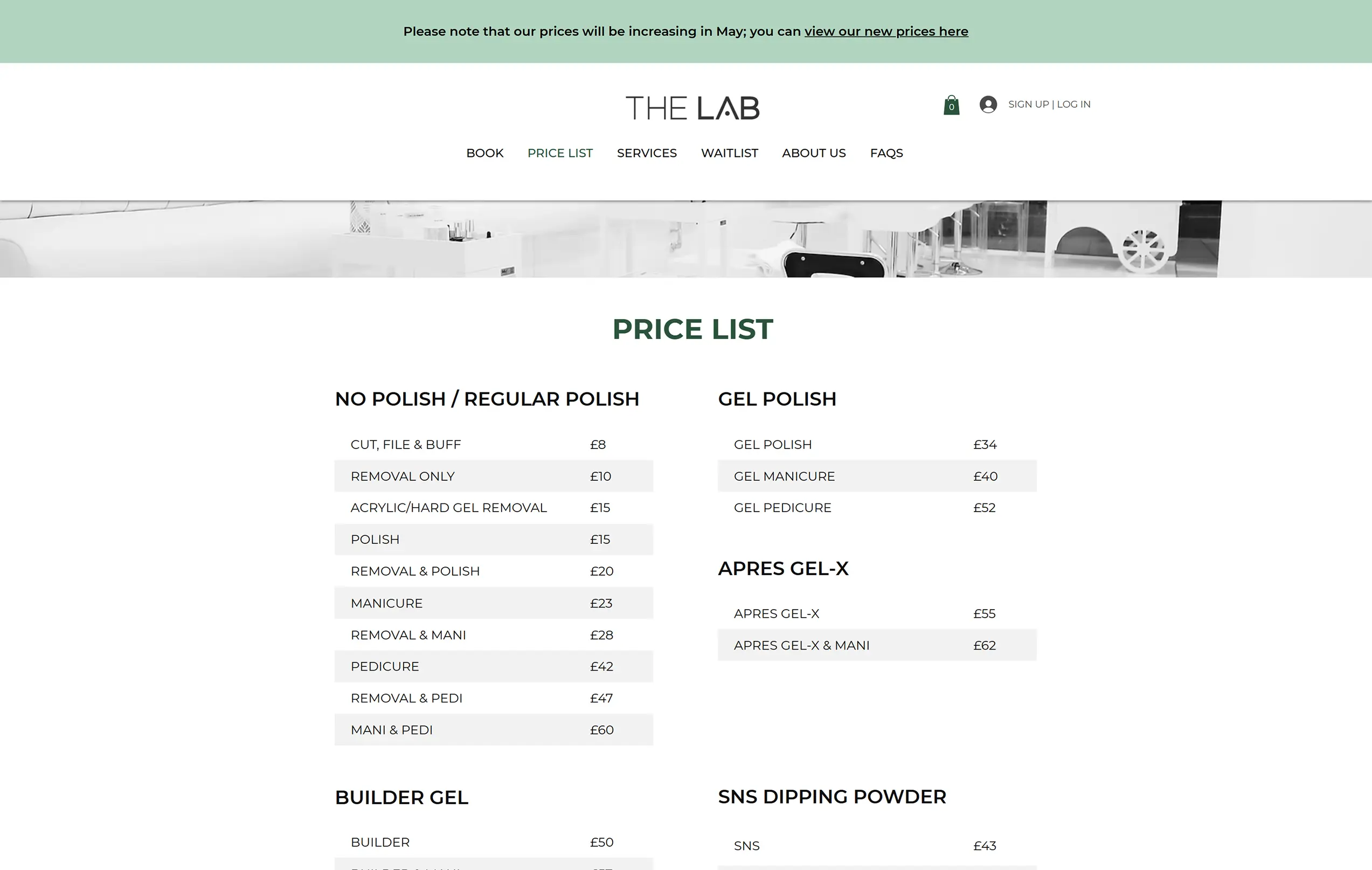 Price list page with tables for each service type using wix CMS with banded rows in white and grey to improve scannability