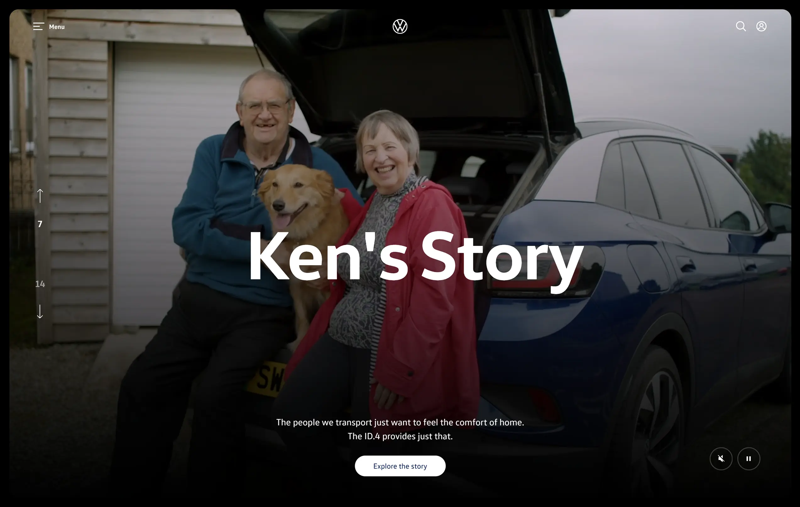 Landing screen with a big title that says 'Ken's Story' with a button below saying 'explore the story'. The background is of a smiley couple and their dog.