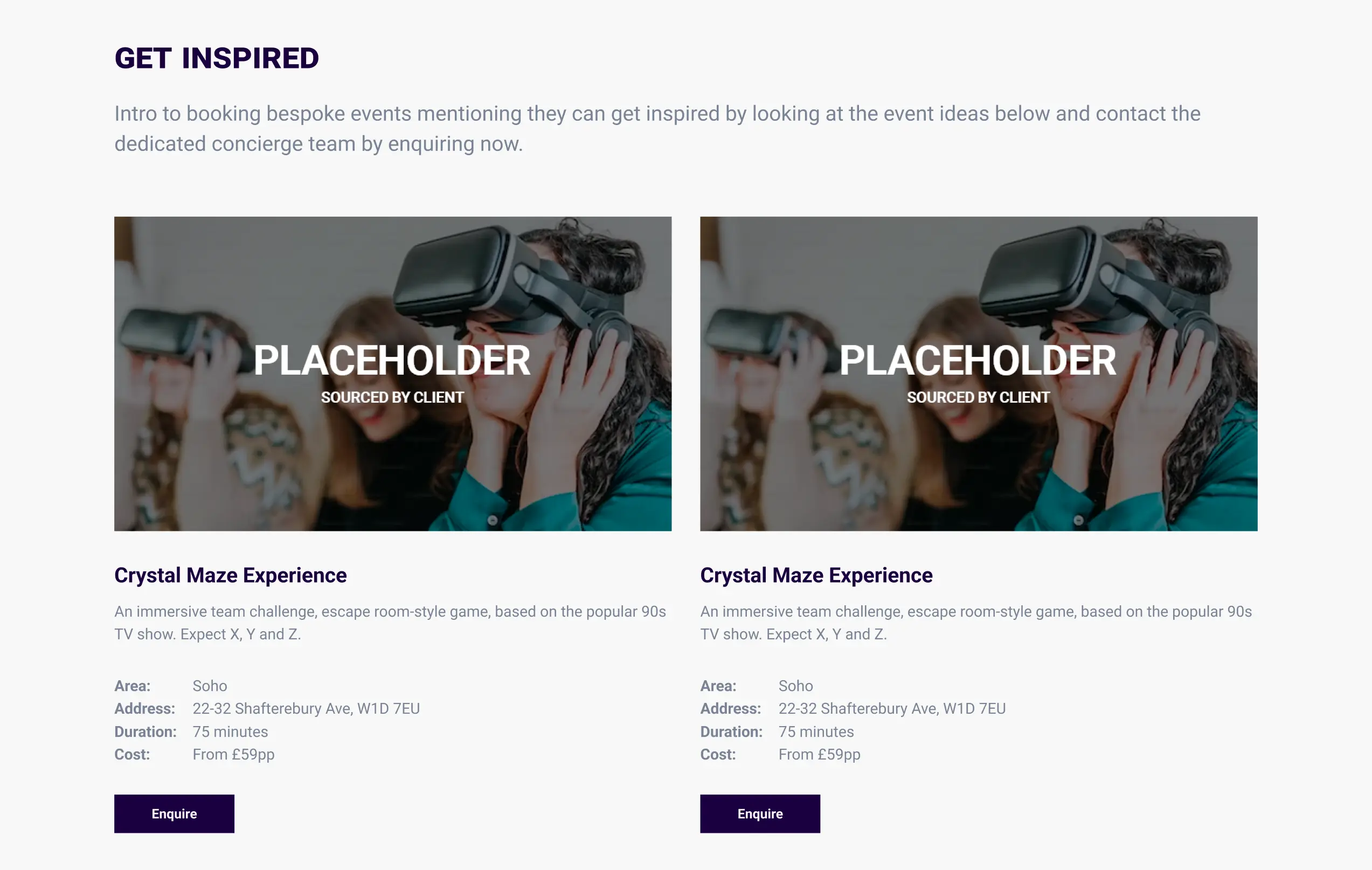 Two column grid with placeholder images and event headings with the title 'Get inspired'