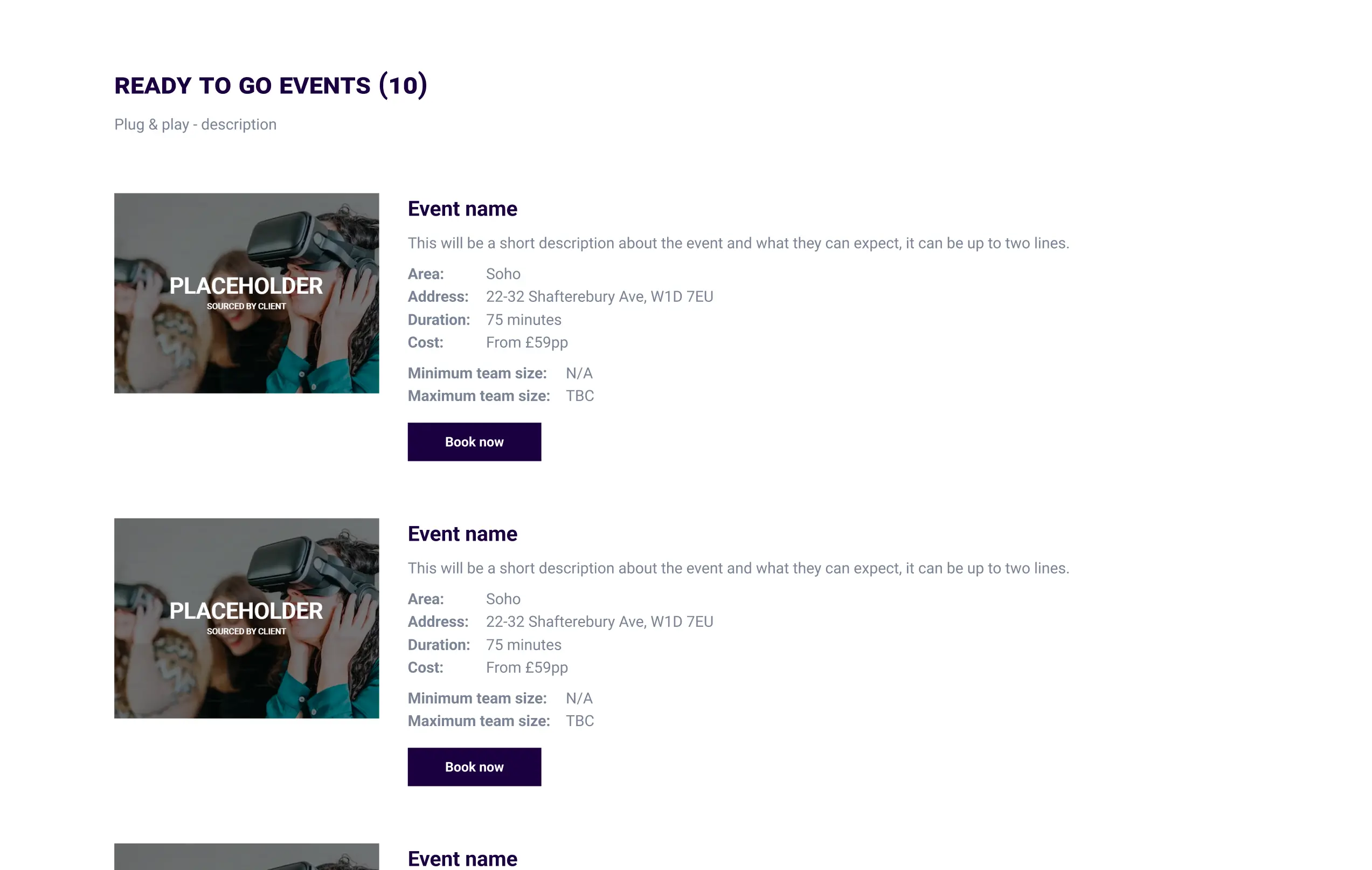 Ready to go events listing page with placeholder images and text