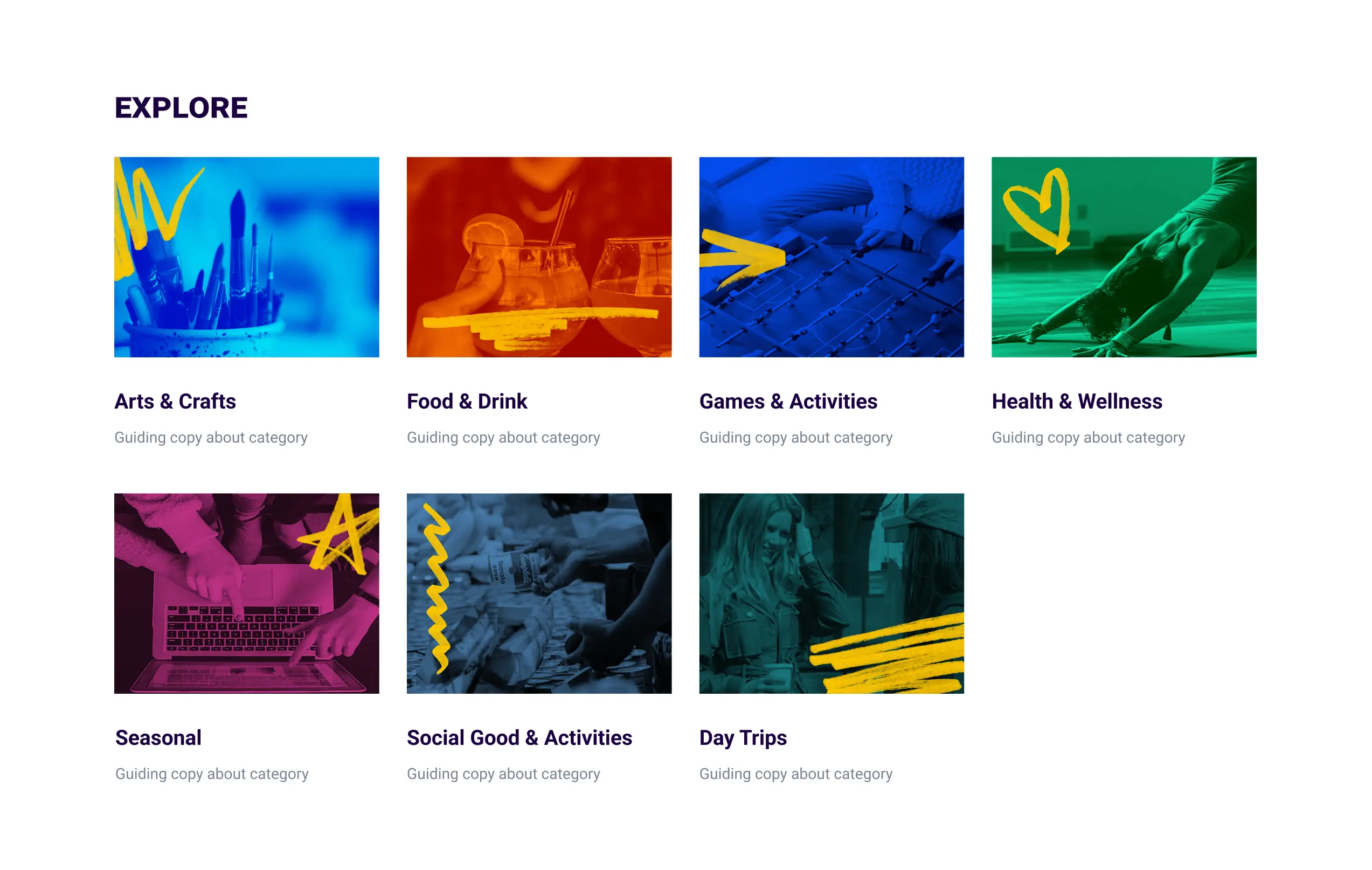 A landing page with a four column grid showcasing event categories such as arts and crafts, and food and drink