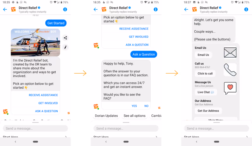 Check out direct relief's facebook bot in action.