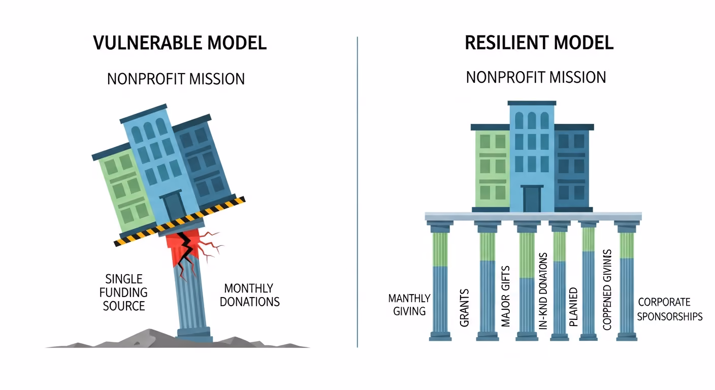 A diagram comparing two nonprofit funding models. The 'Vulnerable Model' shows a building labeled 'Nonprofit Mission' teetering on one cracked pillar. The 'Resilient Model' shows the same building firmly supported by multiple pillars representing diverse funding sources like grants, major gifts, and monthly giving.