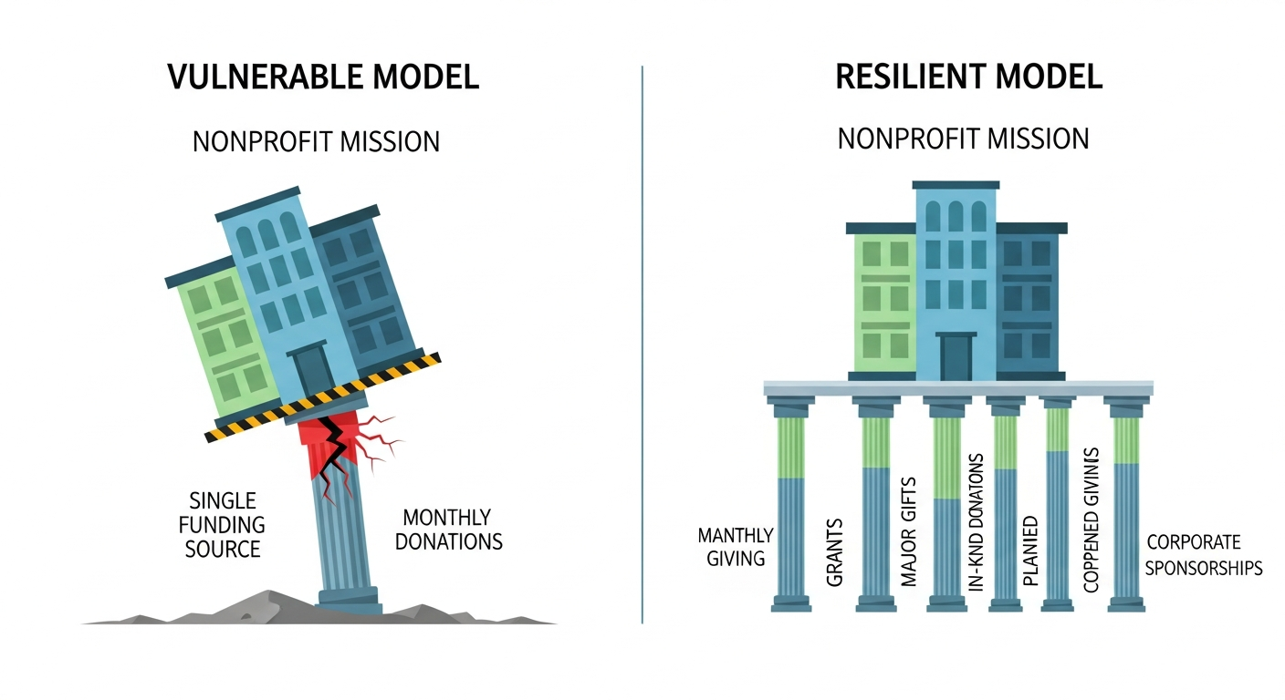 A diagram comparing two nonprofit funding models. The 'Vulnerable Model' shows a building labeled 'Nonprofit Mission' teetering on one cracked pillar. The 'Resilient Model' shows the same building firmly supported by multiple pillars representing diverse funding sources like grants, major gifts, and monthly giving.