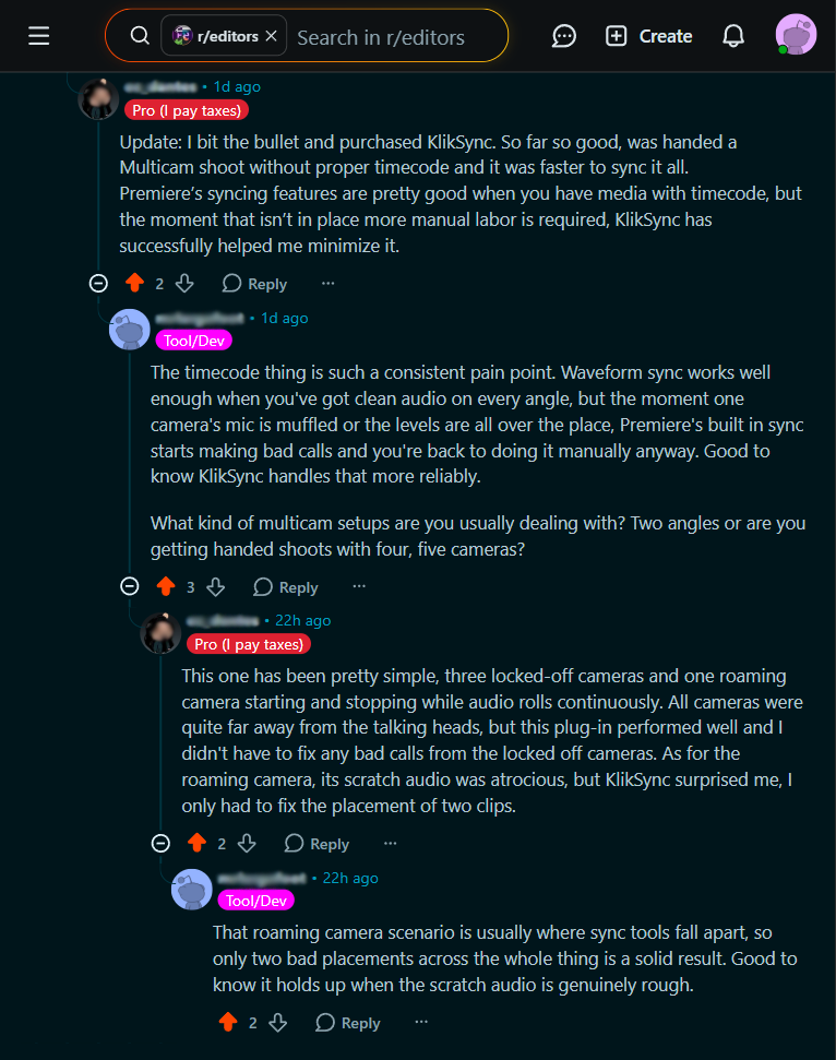 Editor feedback about KlikSync on r/editors