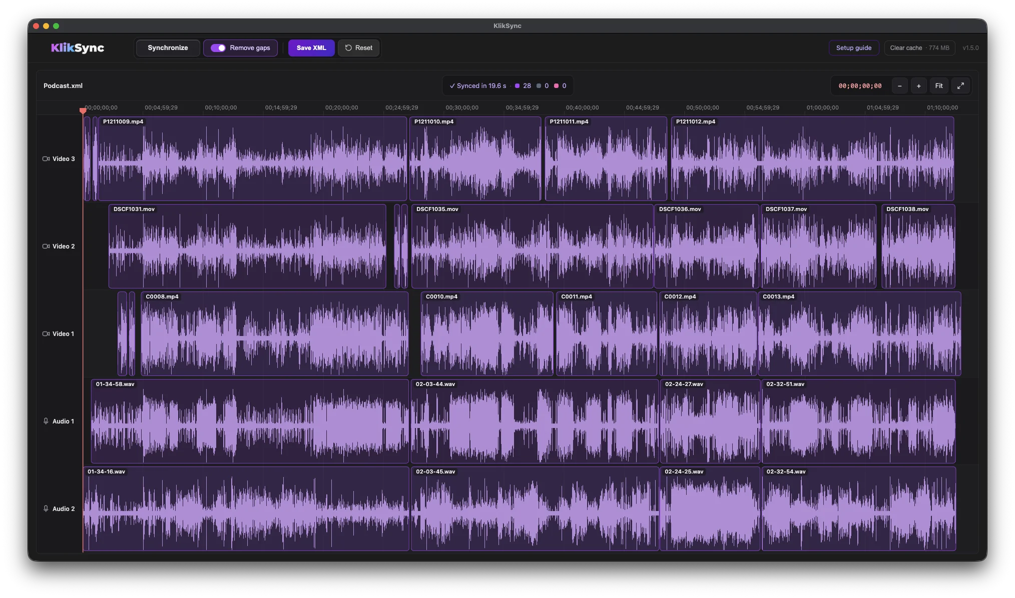 KlikSync in Adobe Premiere — every camera and microphone aligned on the timeline by its audio waveform