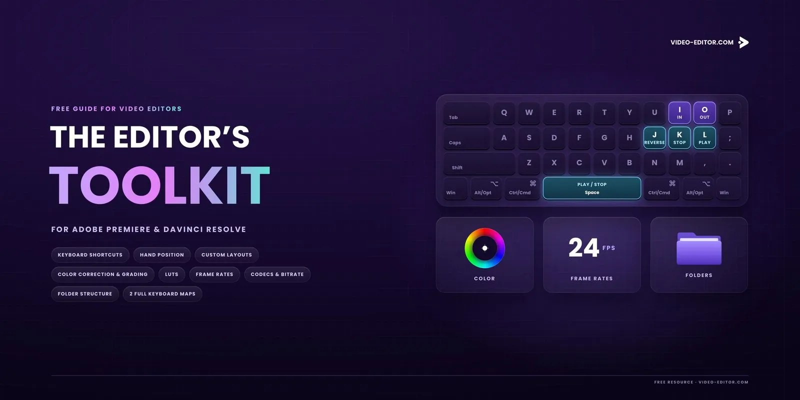 Cover of The Editor's Toolkit, a free PDF for Adobe Premiere and DaVinci Resolve with a keyboard illustration