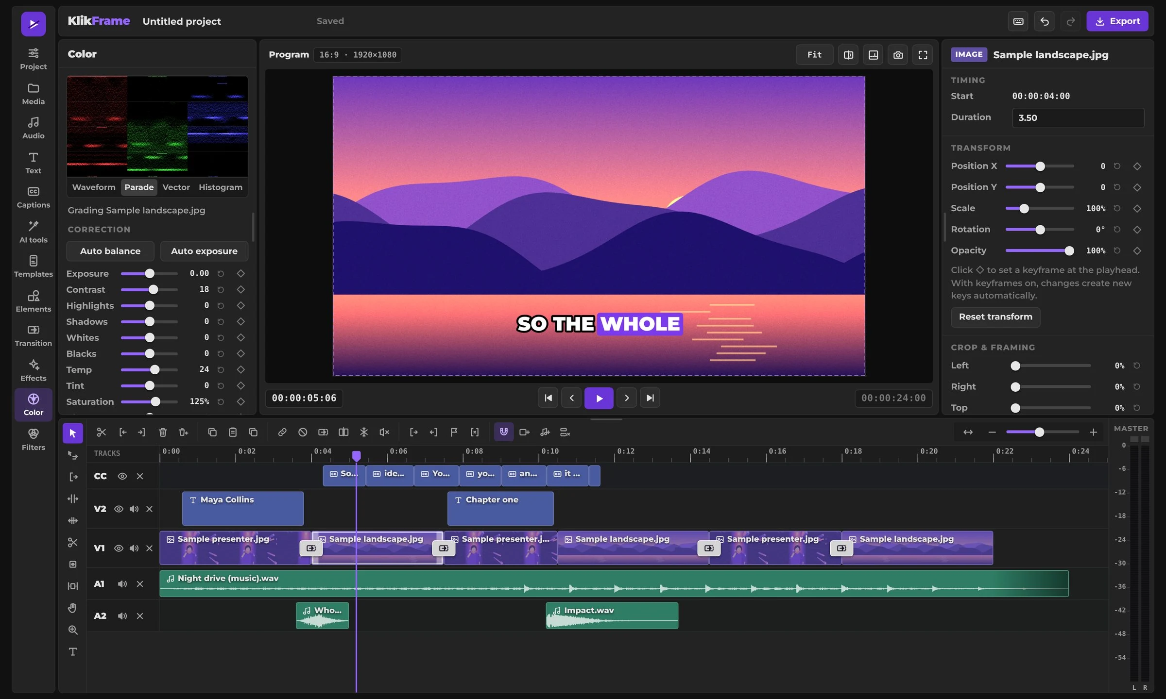 KlikFrame editor in the browser with a multitrack timeline, viewer and inspector
