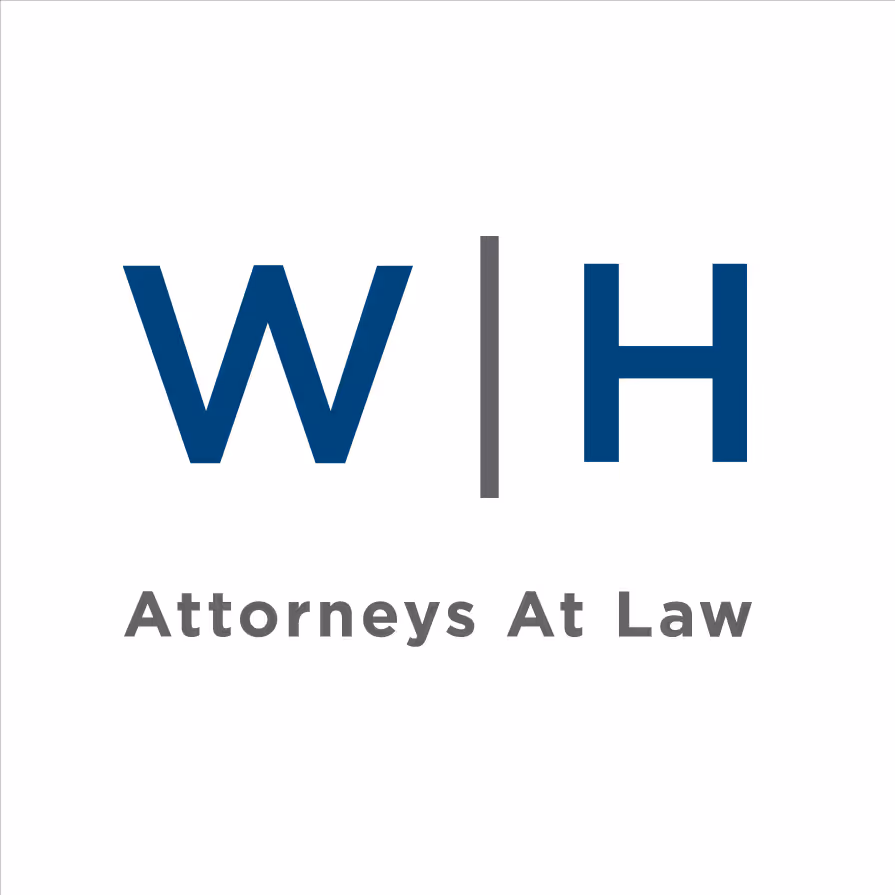 W|H Attorneys At Law logo featuring bold blue initials "W" and "H" separated by a vertical gray line, with the tagline "Attorneys At Law" in gray text below.