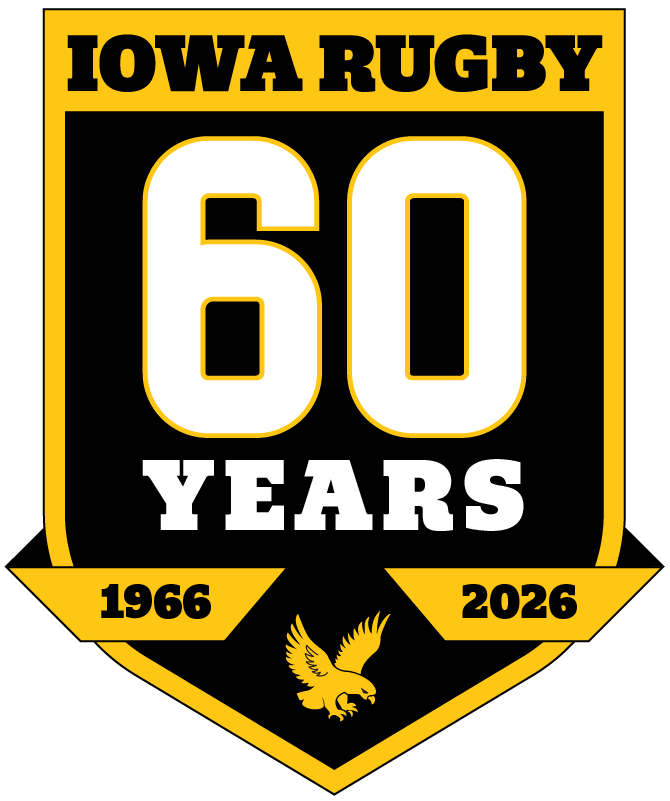 Iowa Rugby 60 Years emblem with dates 1966 and 2026 and a yellow hawk at the bottom.