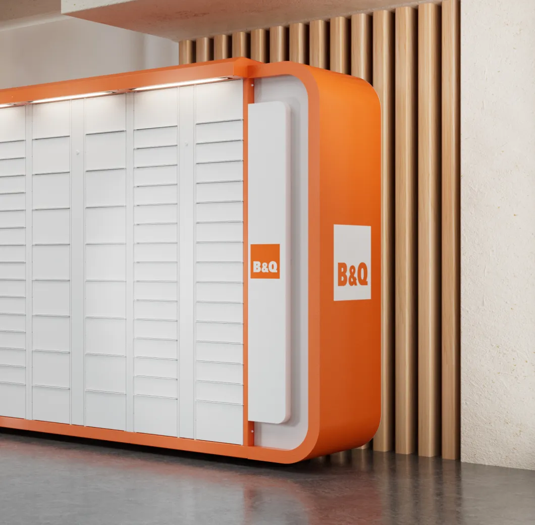 Modern white parcel locker system with multiple compartments framed in orange, branded with B&Q logos.