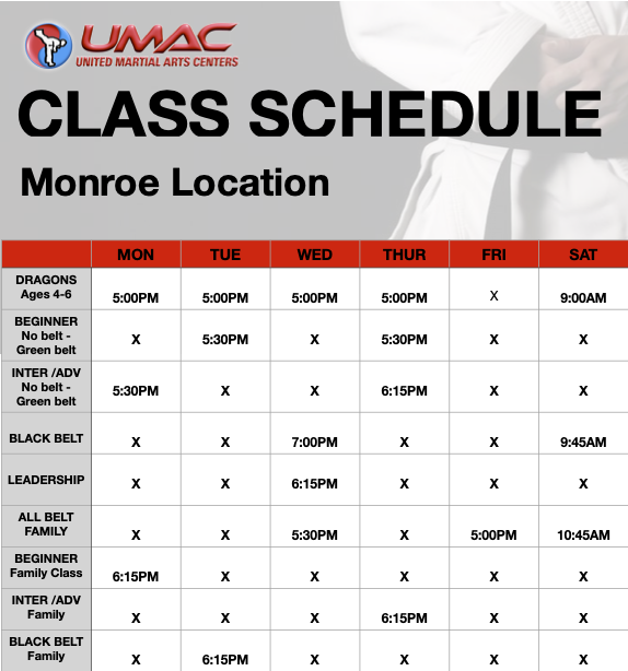 Monroe, NY UMAC class schedule
