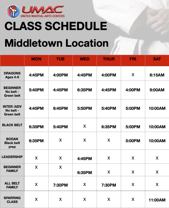Middletown, NY UMAC class schedules
