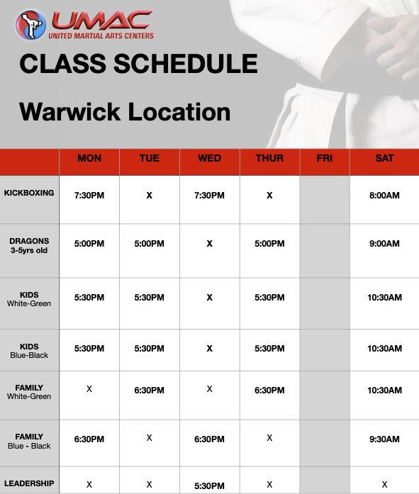 Warwick NY UMAC class schedule