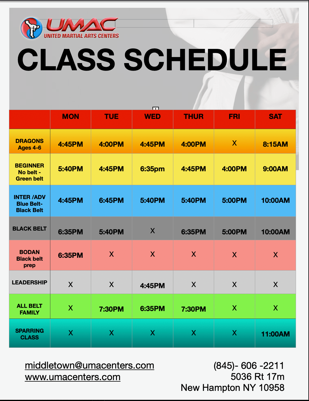 Middletown, NY UMAC class schedules