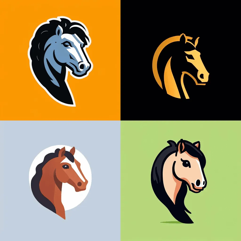 Four stylized horse head logo concepts in different colors and illustration styles arranged in a 2x2 grid