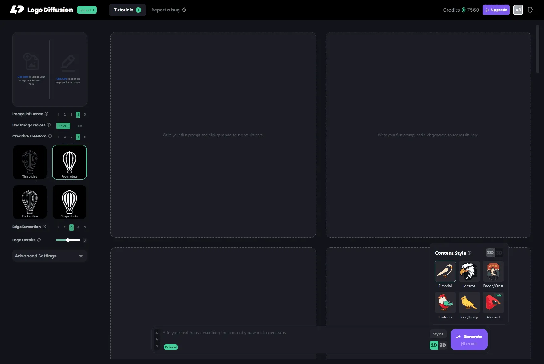 Logo Diffusion editor interface with style controls sidebar and four empty preview panels