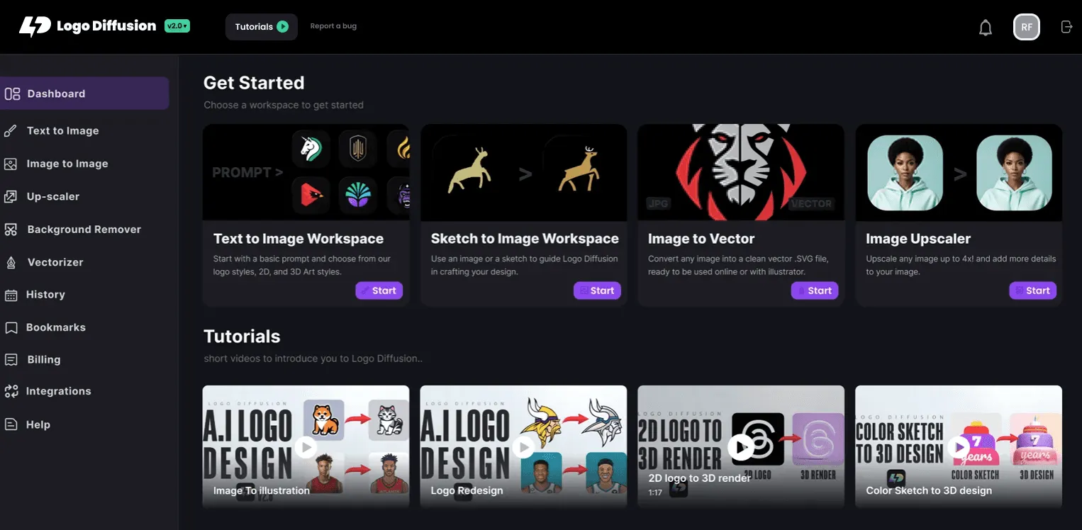 The new Logo Diffusion V.3 Dashboard with easy access to the new workspaces