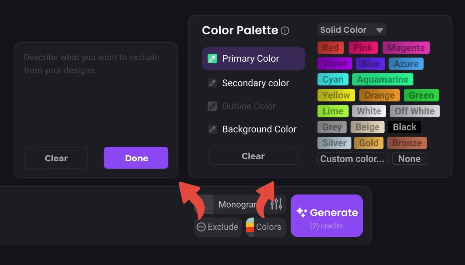 New UI elements showing streamlined color selection and negative prompt access.