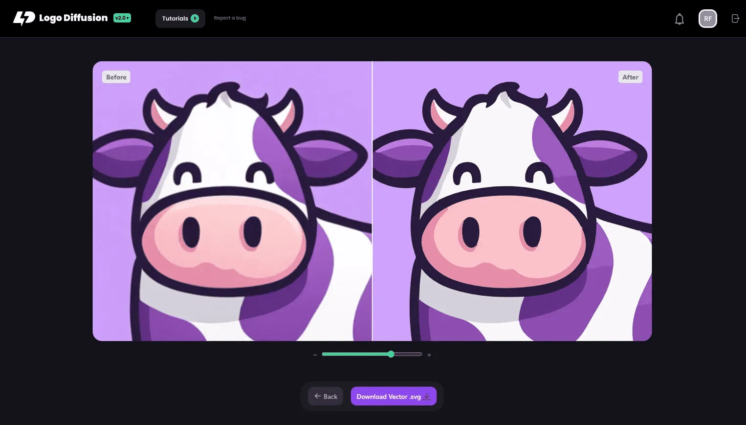 Interface comparing two versions of a cartoon cow face side by side.