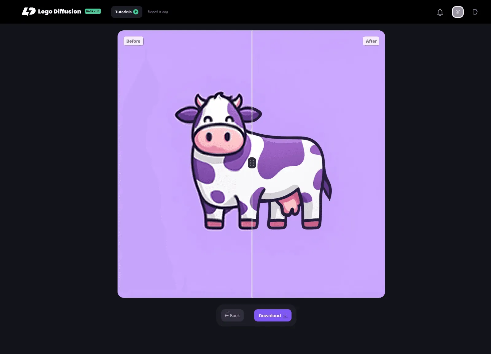 A side-by-side logo editor view showing a cute cartoon cow with purple spots on a light purple background.